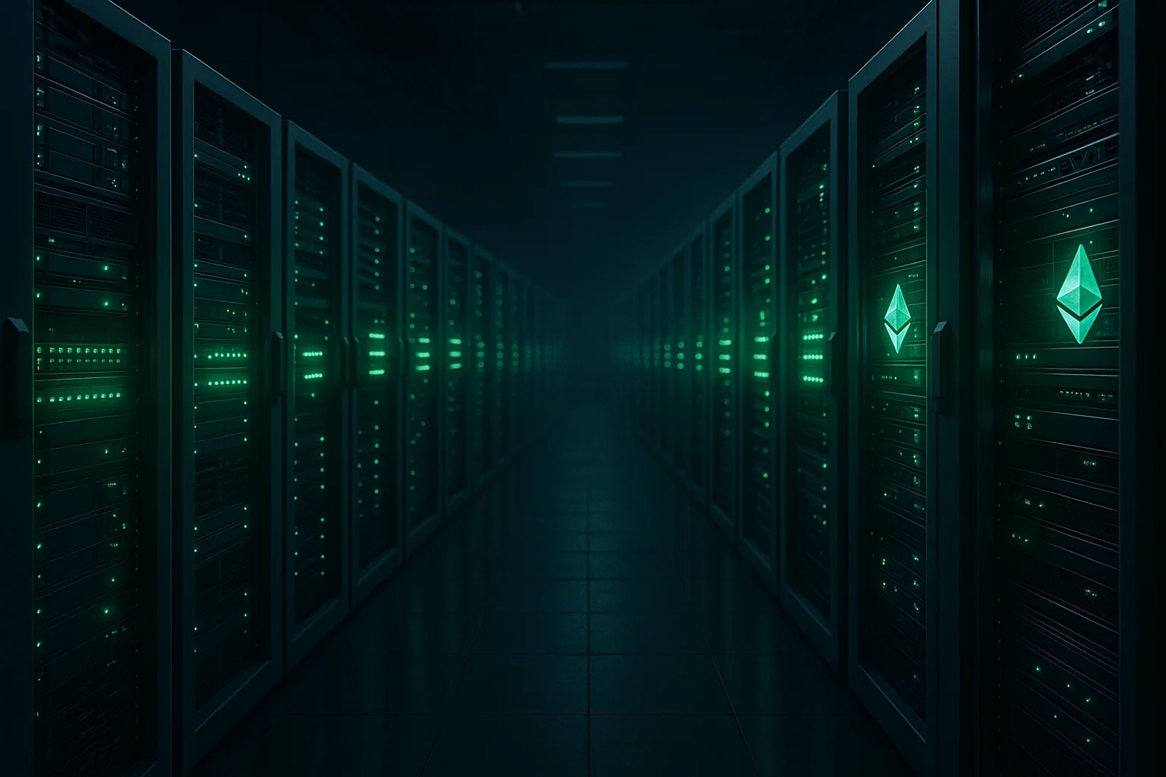 A dimly lit server room with rows of servers