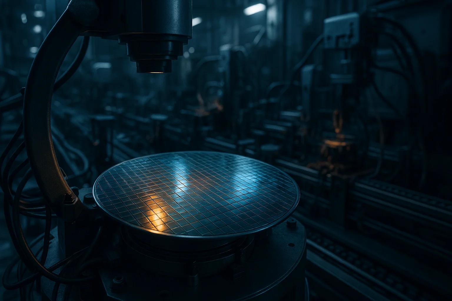 A close-up of a semiconductor wafer on a machine