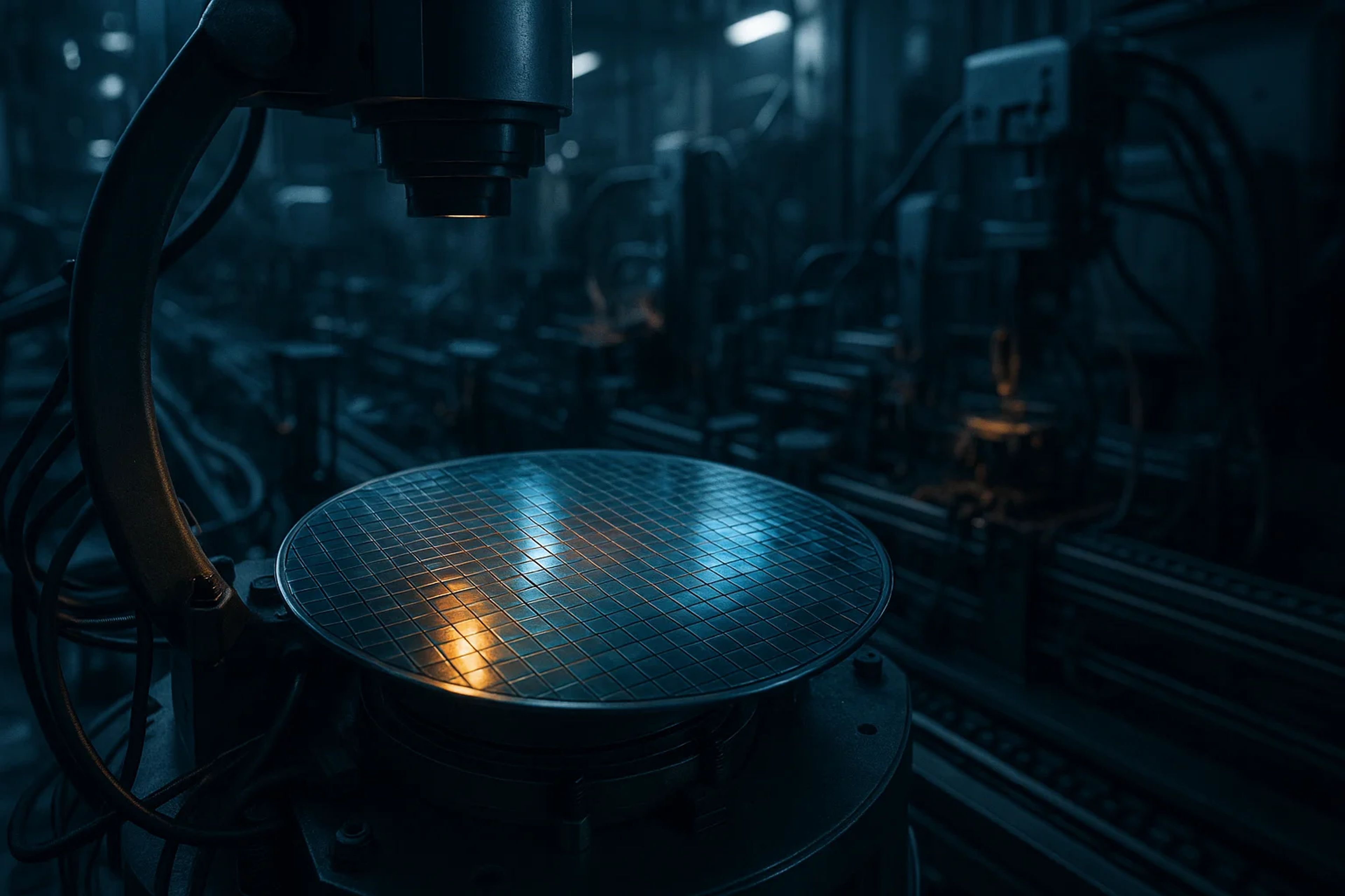 A close-up of a semiconductor wafer on a machine