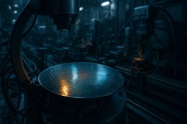A close-up of a semiconductor wafer on a machine