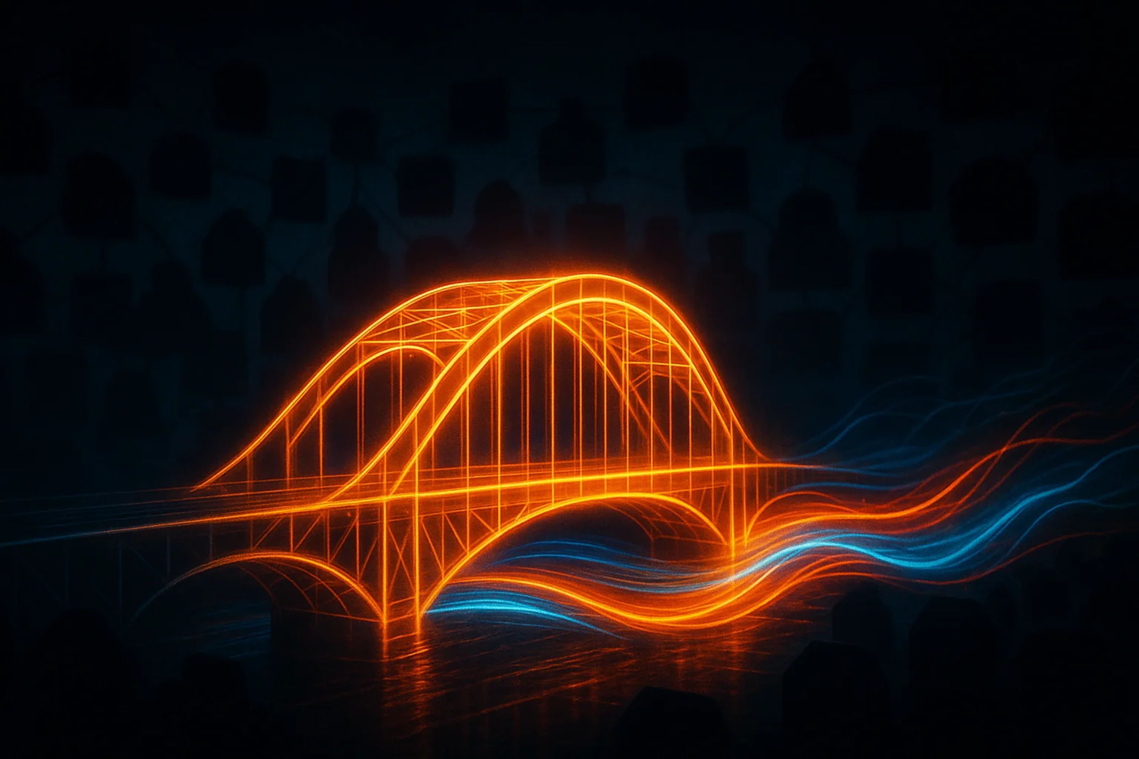 A glowing orange and blue wireframe bridge over