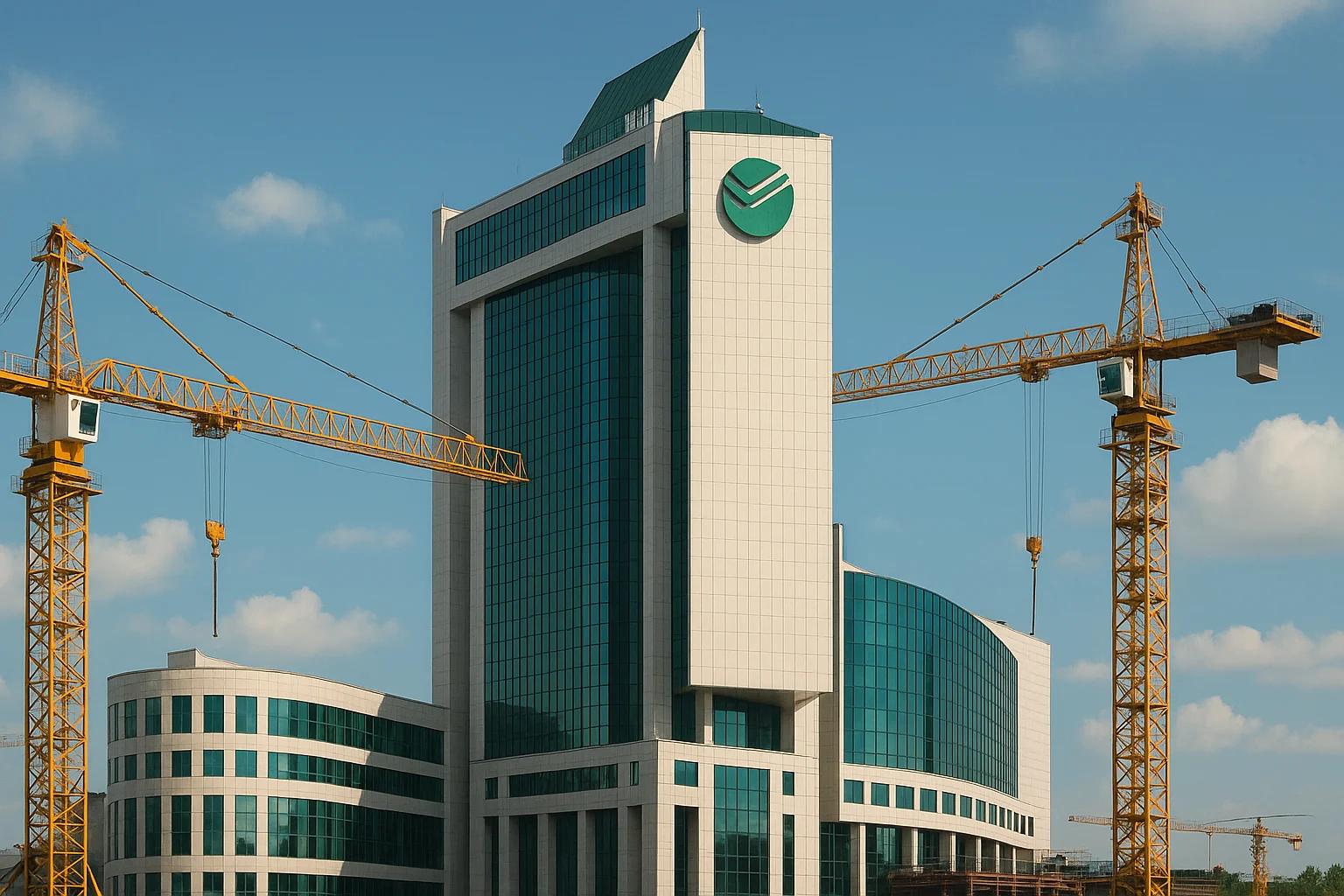 Modern building under construction with cranes