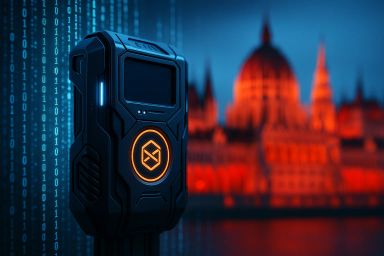 A futuristic device with a glowing orange logo in