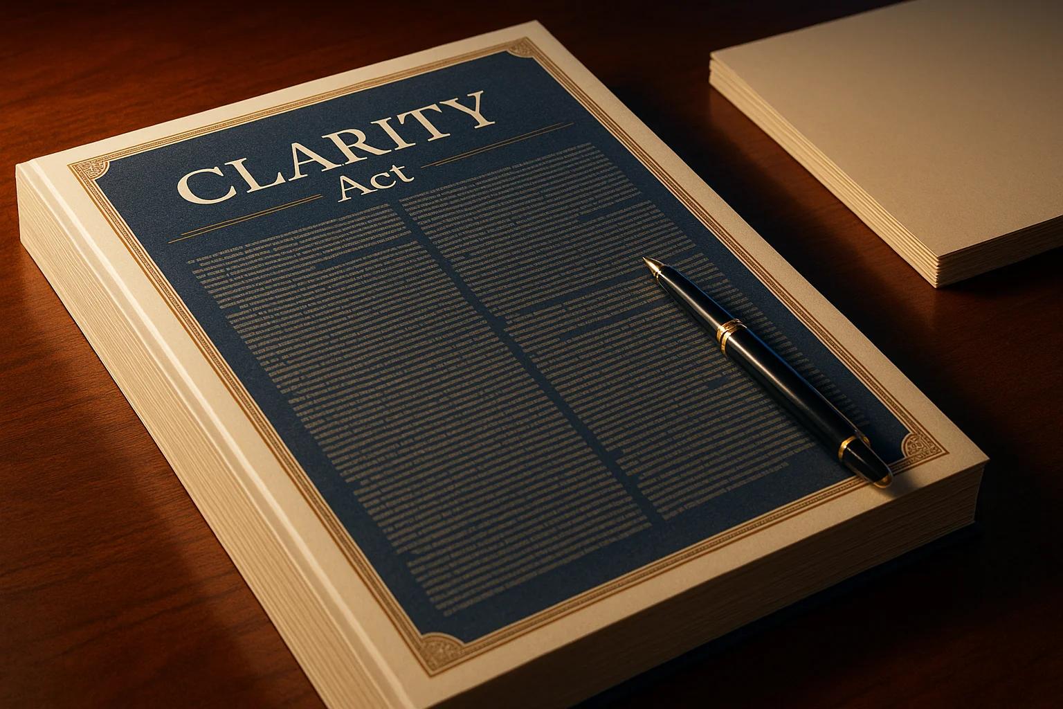 A dark blue document titled 'CLARITY Act' with a
