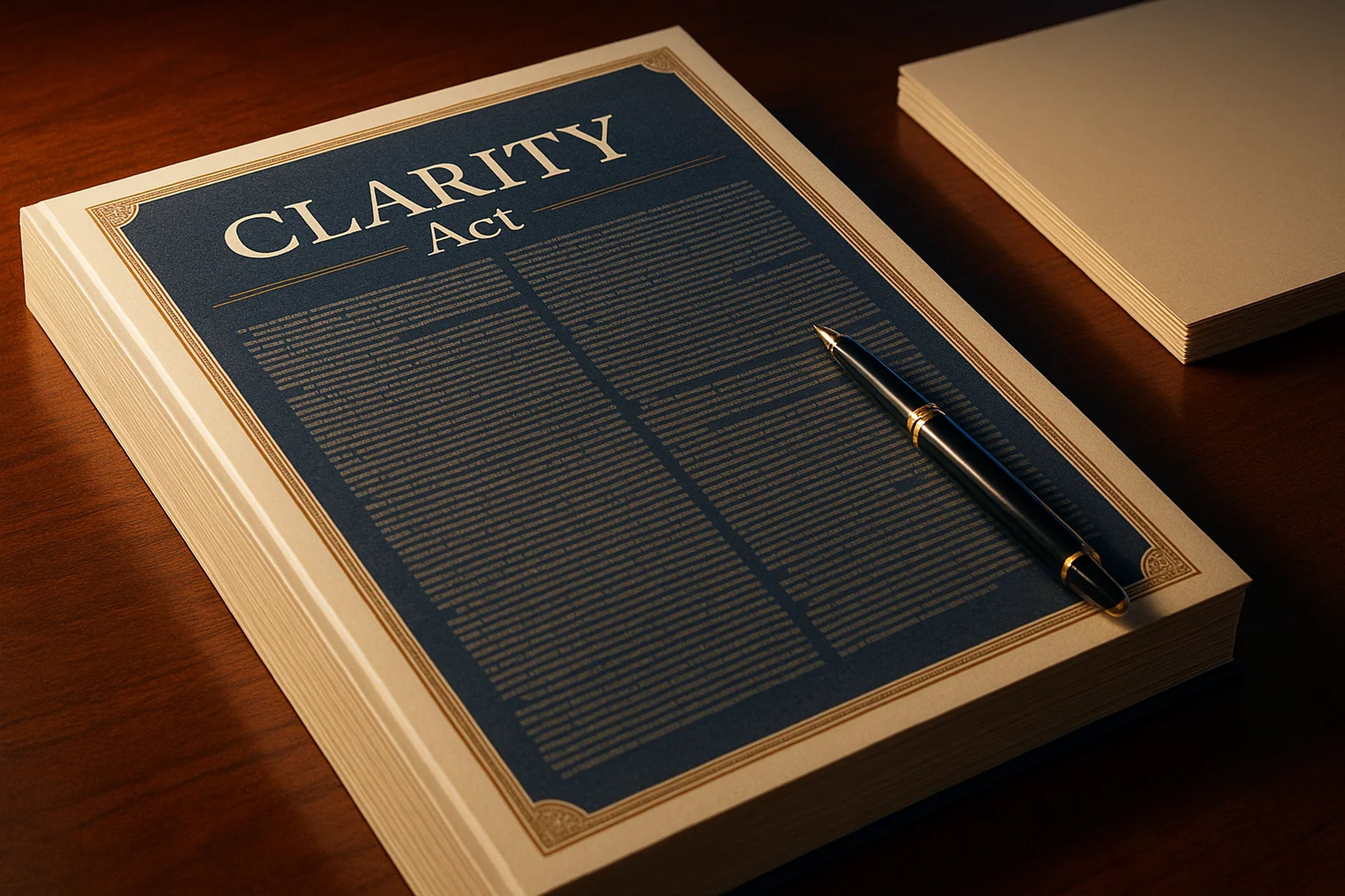 A dark blue document titled 'CLARITY Act' with a