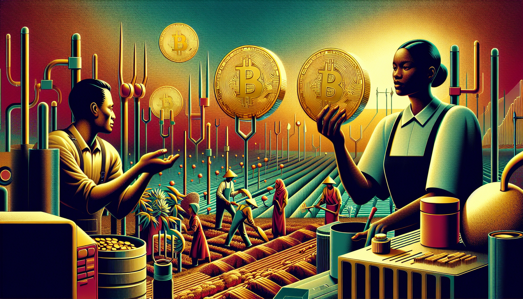 Farmers working in fields with Bitcoin coins