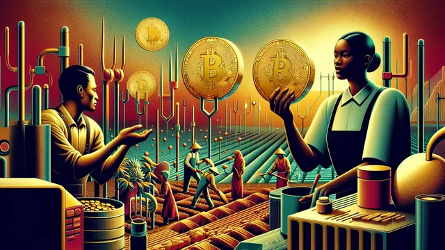 Farmers working in fields with Bitcoin coins