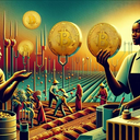 Farmers working in fields with Bitcoin coins