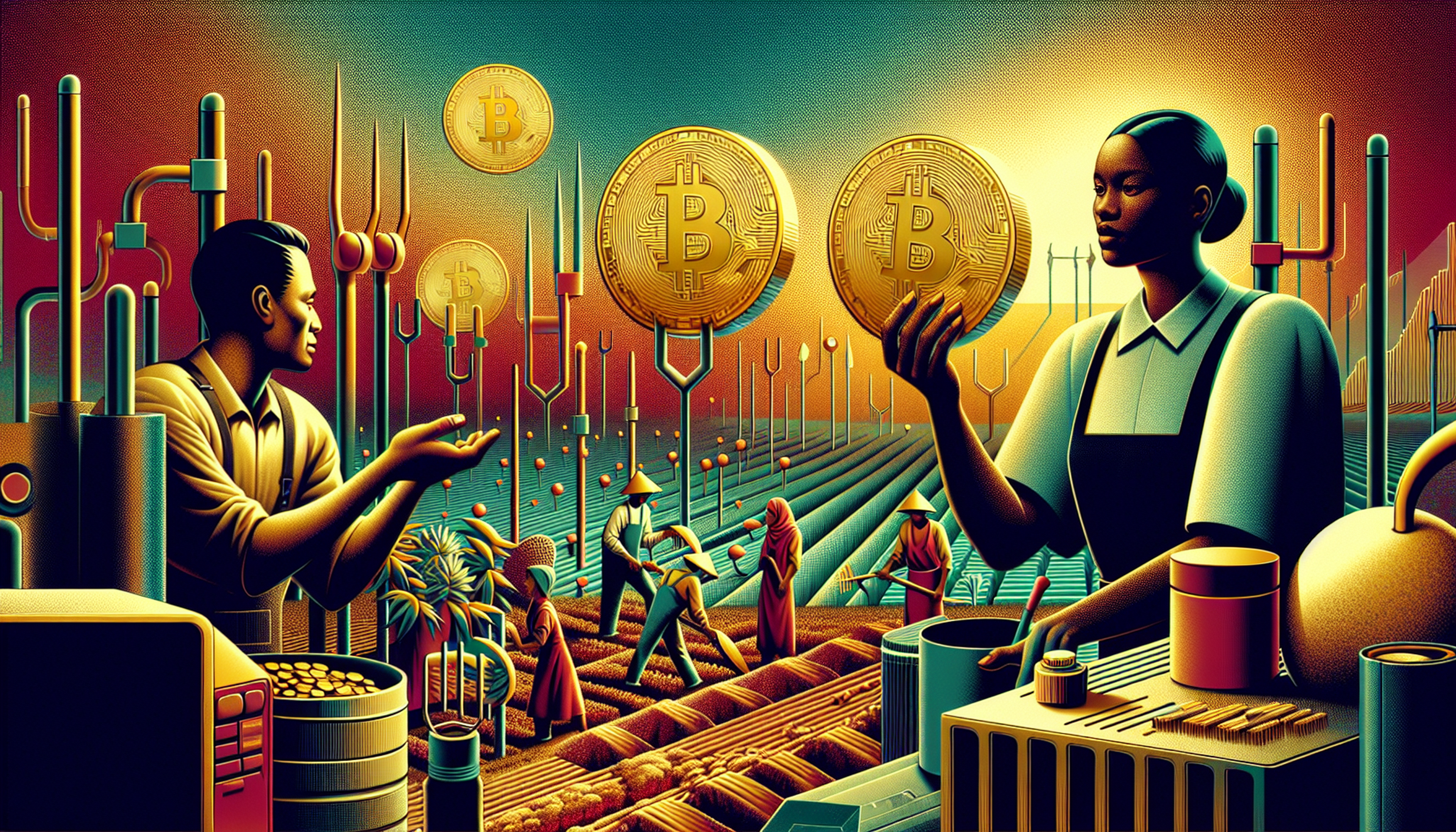 Farmers working in fields with Bitcoin coins