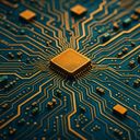 Close-up of a circuit board with gold and blue