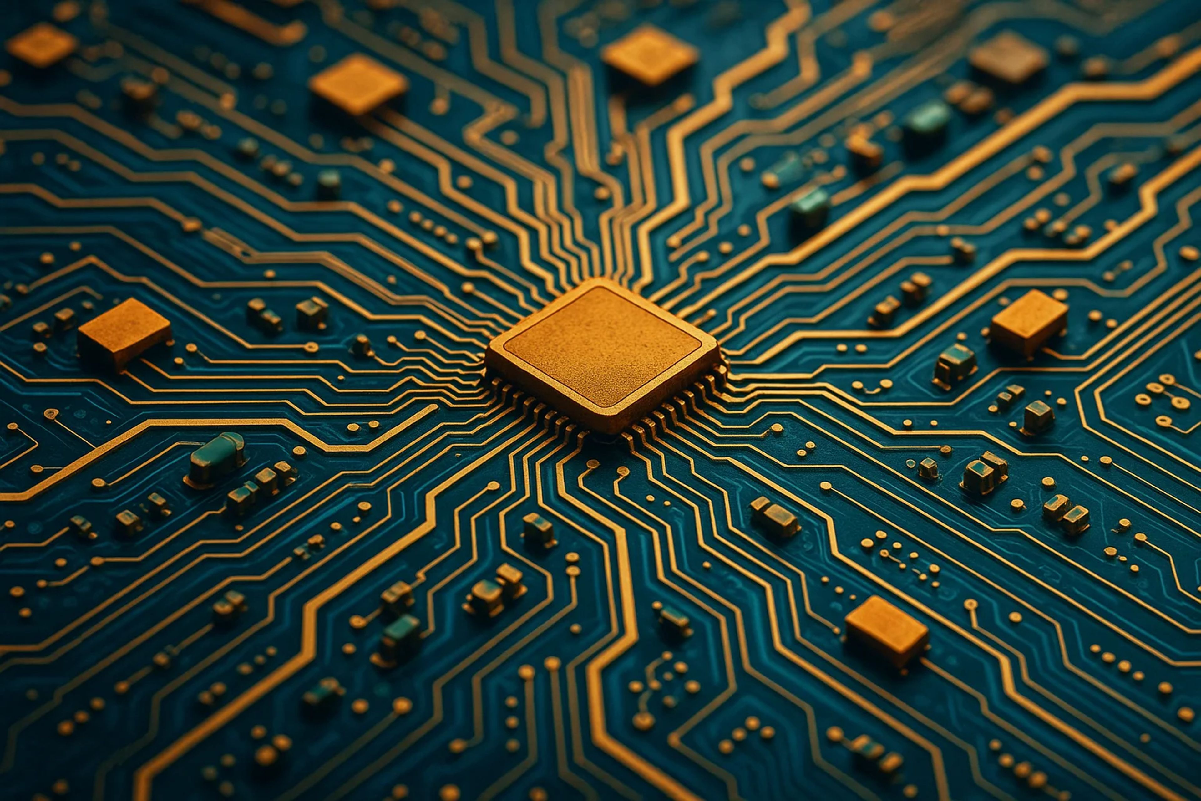 Close-up of a circuit board with gold and blue