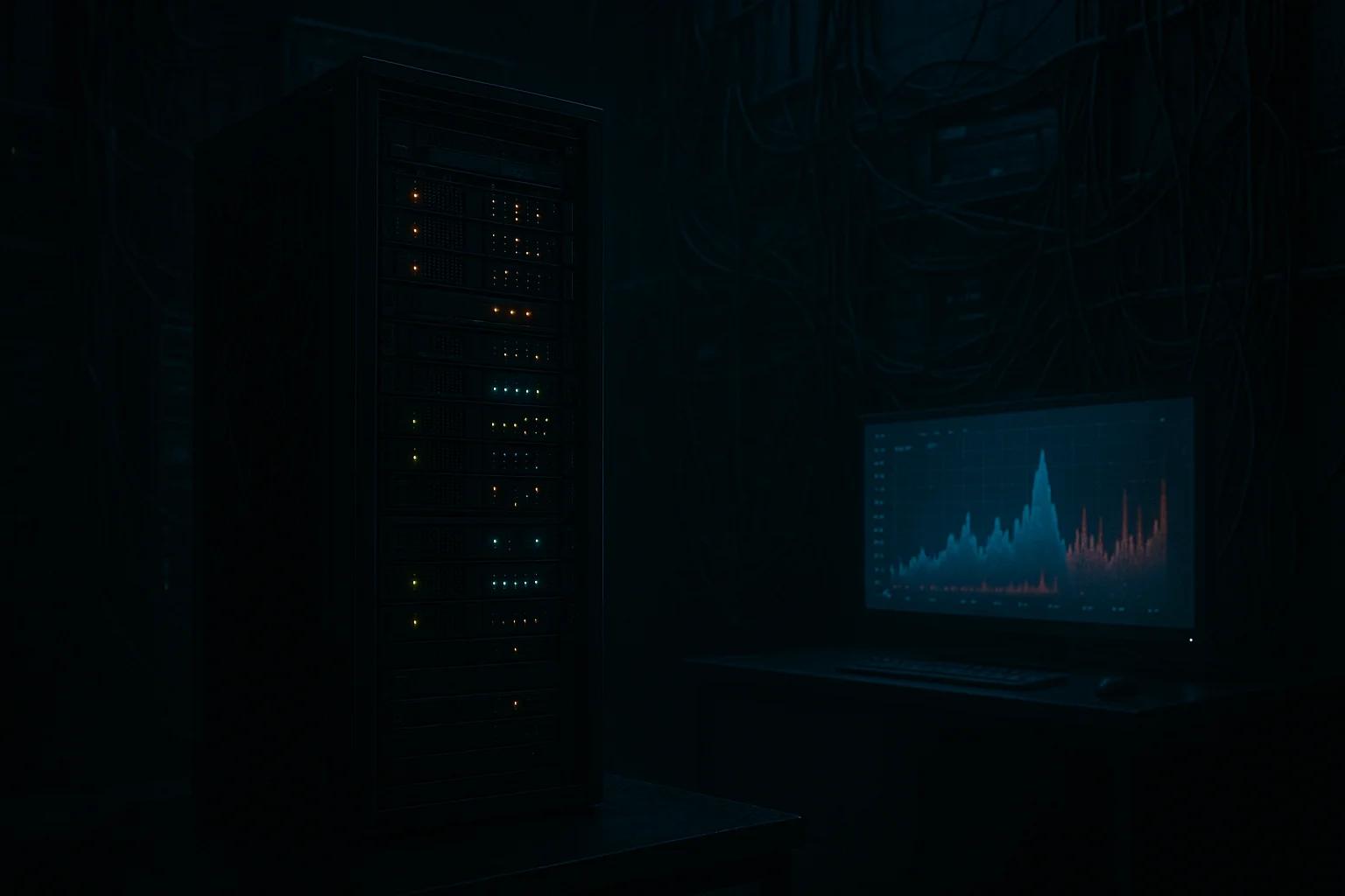Dark server room with illuminated server rack and
