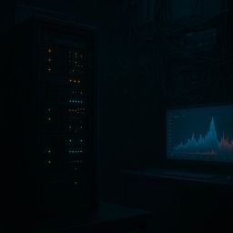 Dark server room with illuminated server rack and