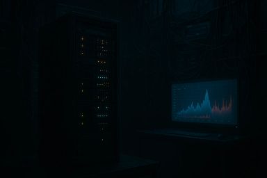 Dark server room with illuminated server rack and