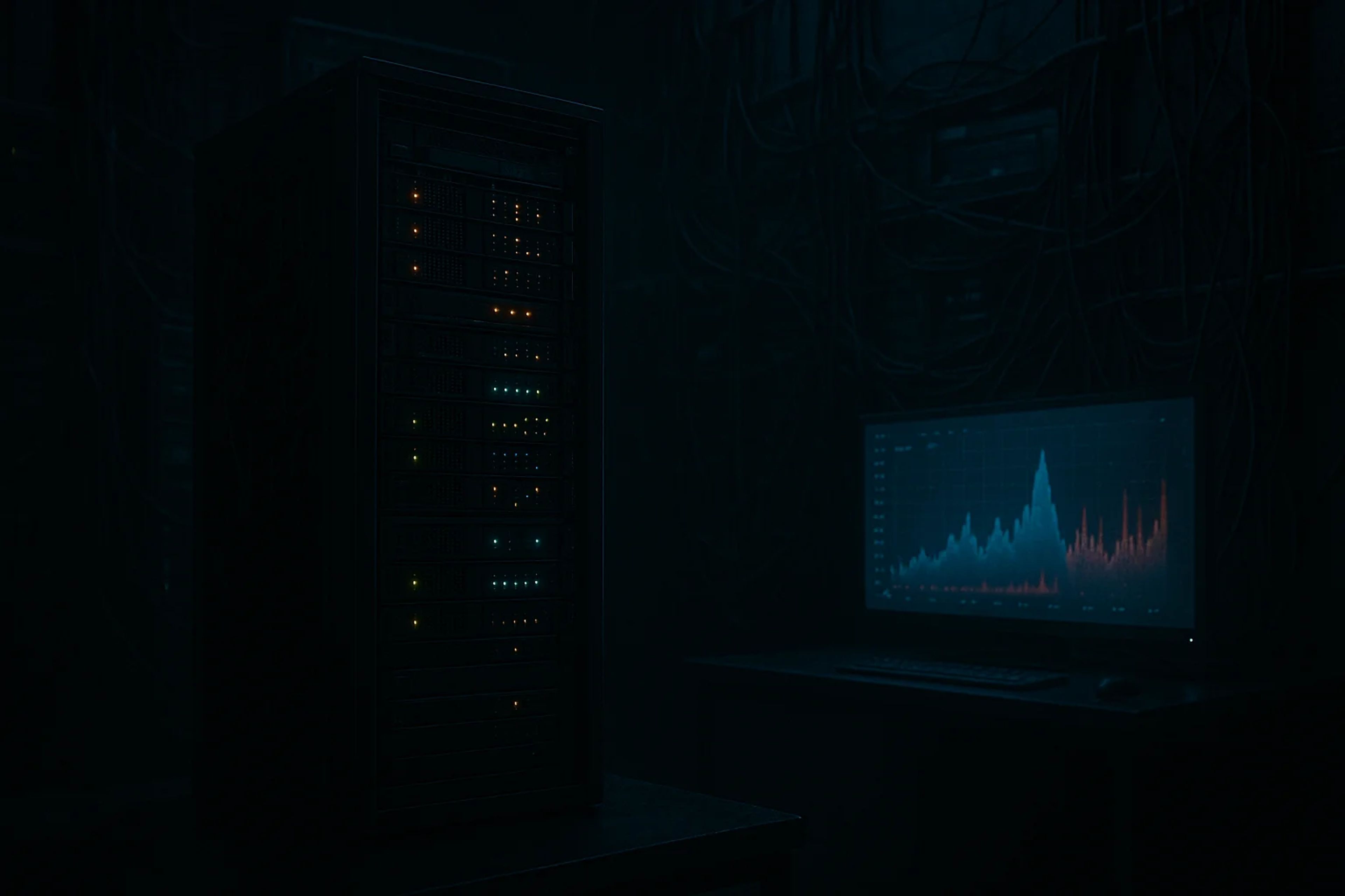 Dark server room with illuminated server rack and