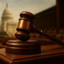 Wooden gavel on a podium with a blurred Capitol