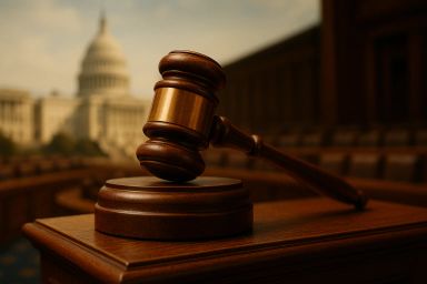 Wooden gavel on a podium with a blurred Capitol