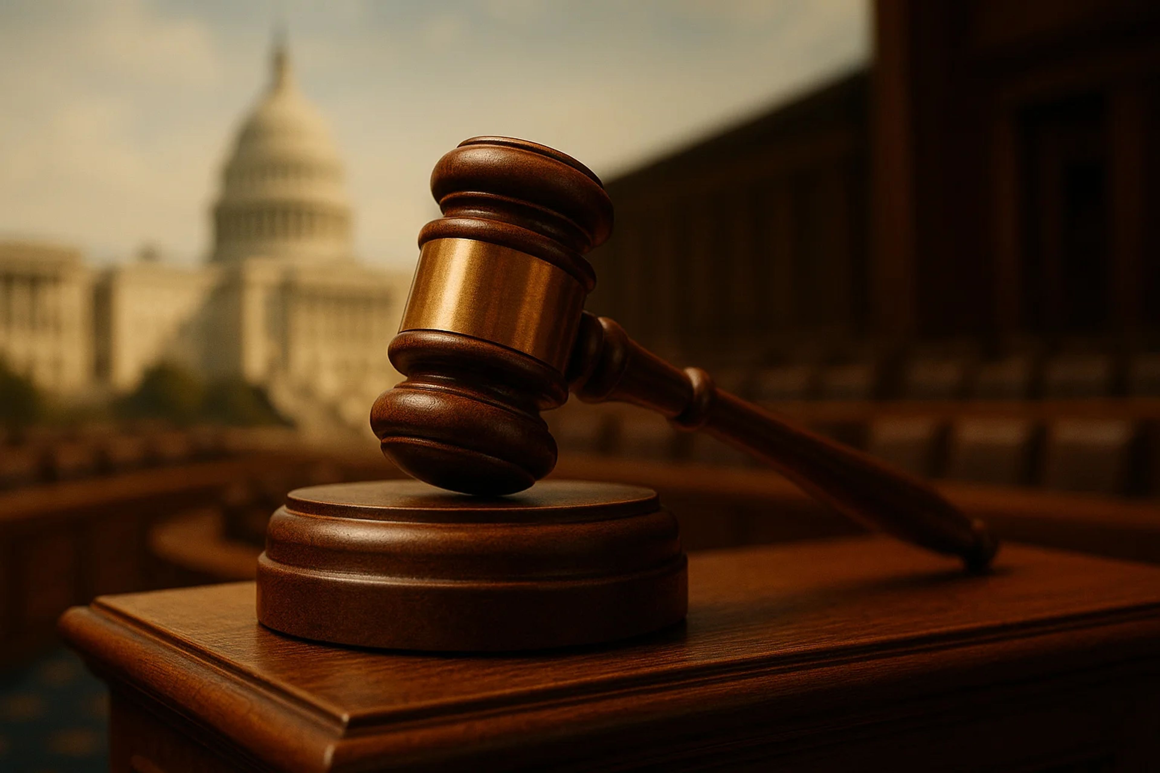Wooden gavel on a podium with a blurred Capitol