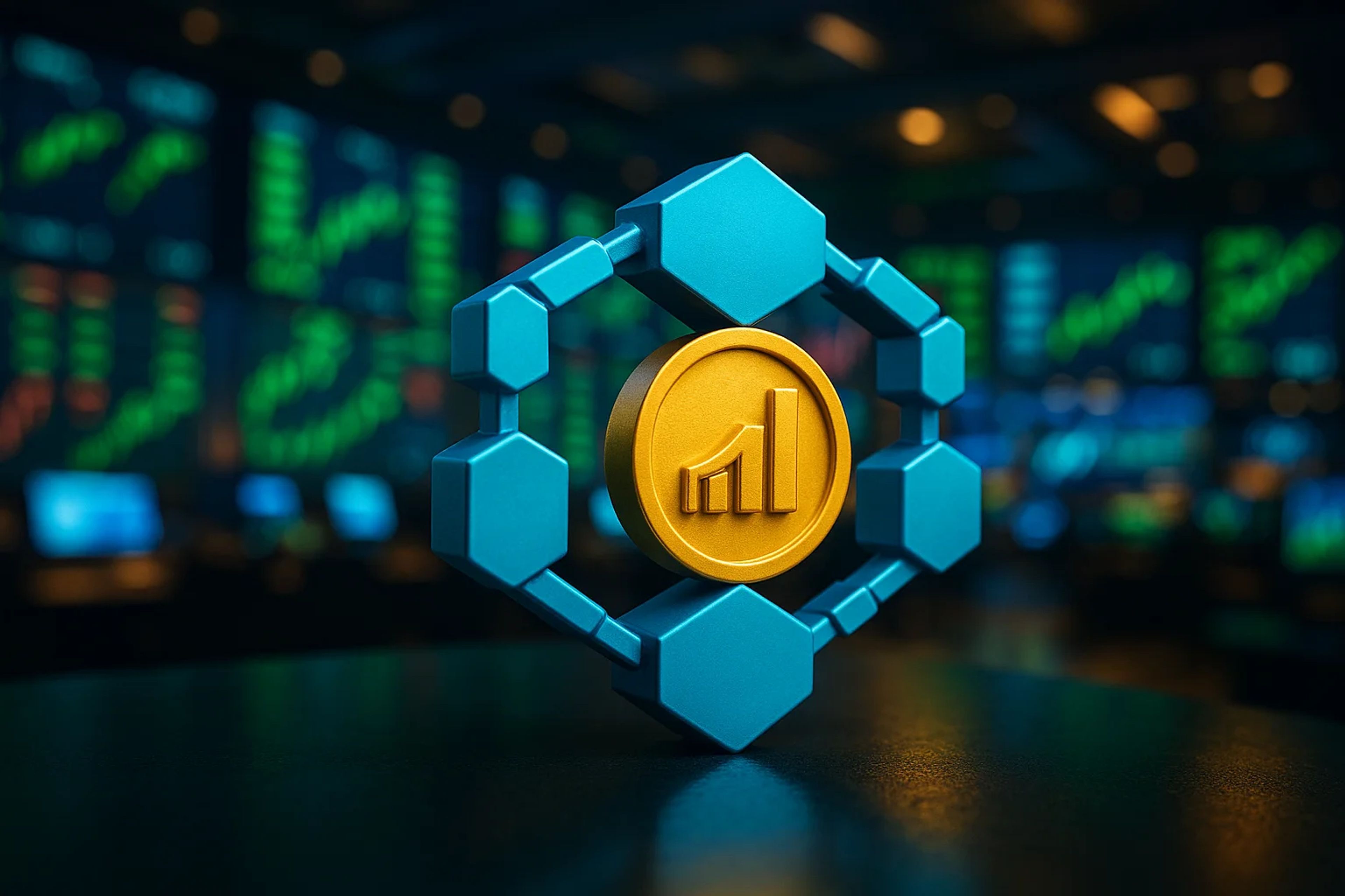 A 3D gold coin with a rising graph symbol