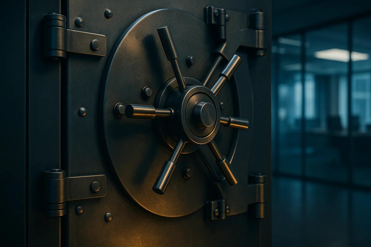 Close-up of a large, metallic vault door