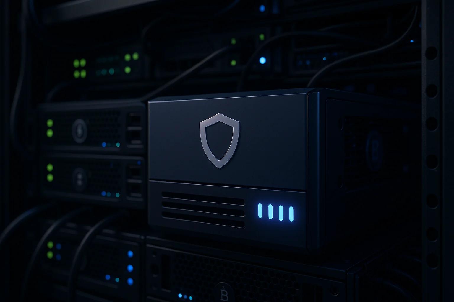 Dark server room with illuminated network devices
