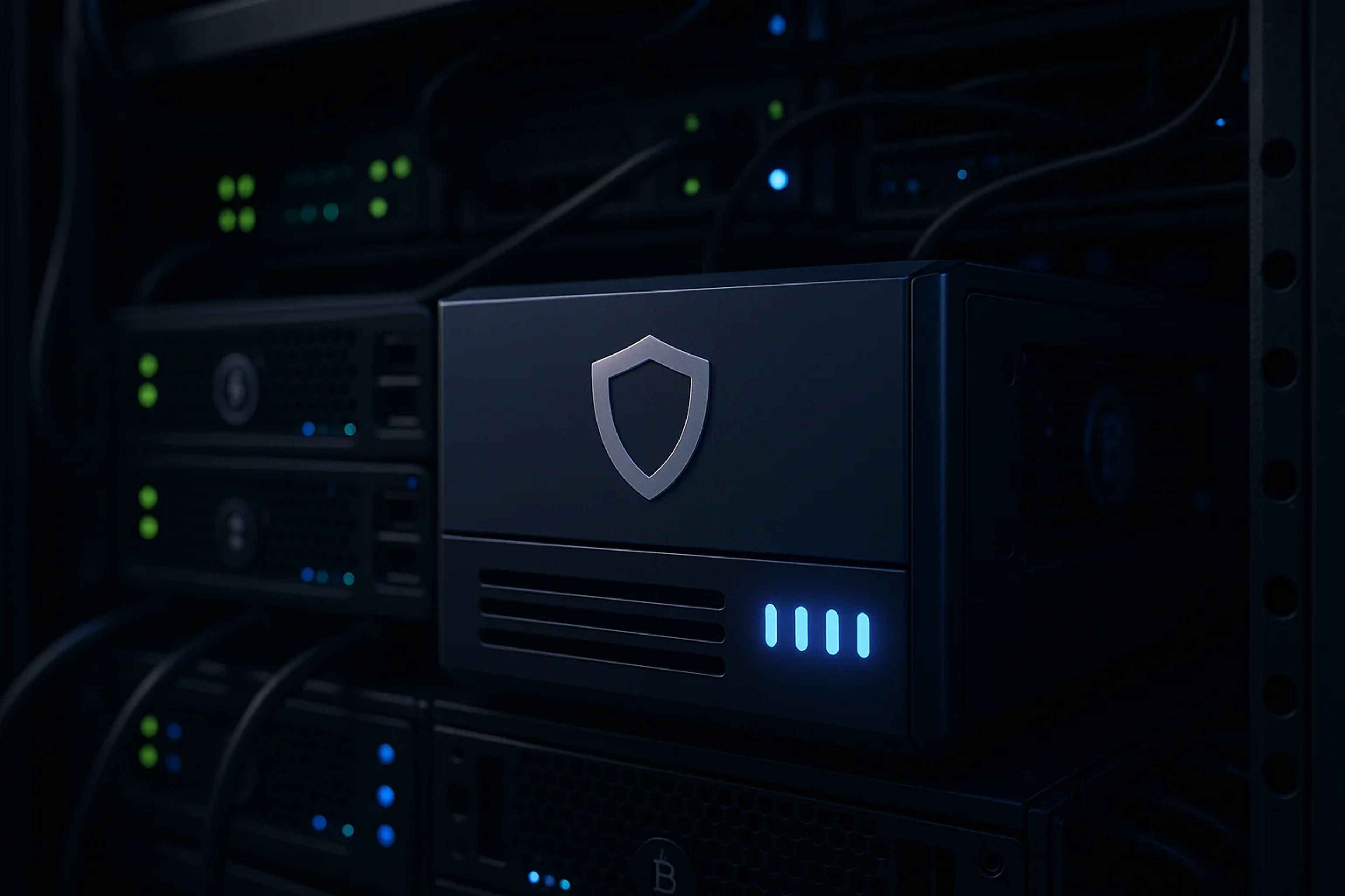 Dark server room with illuminated network devices