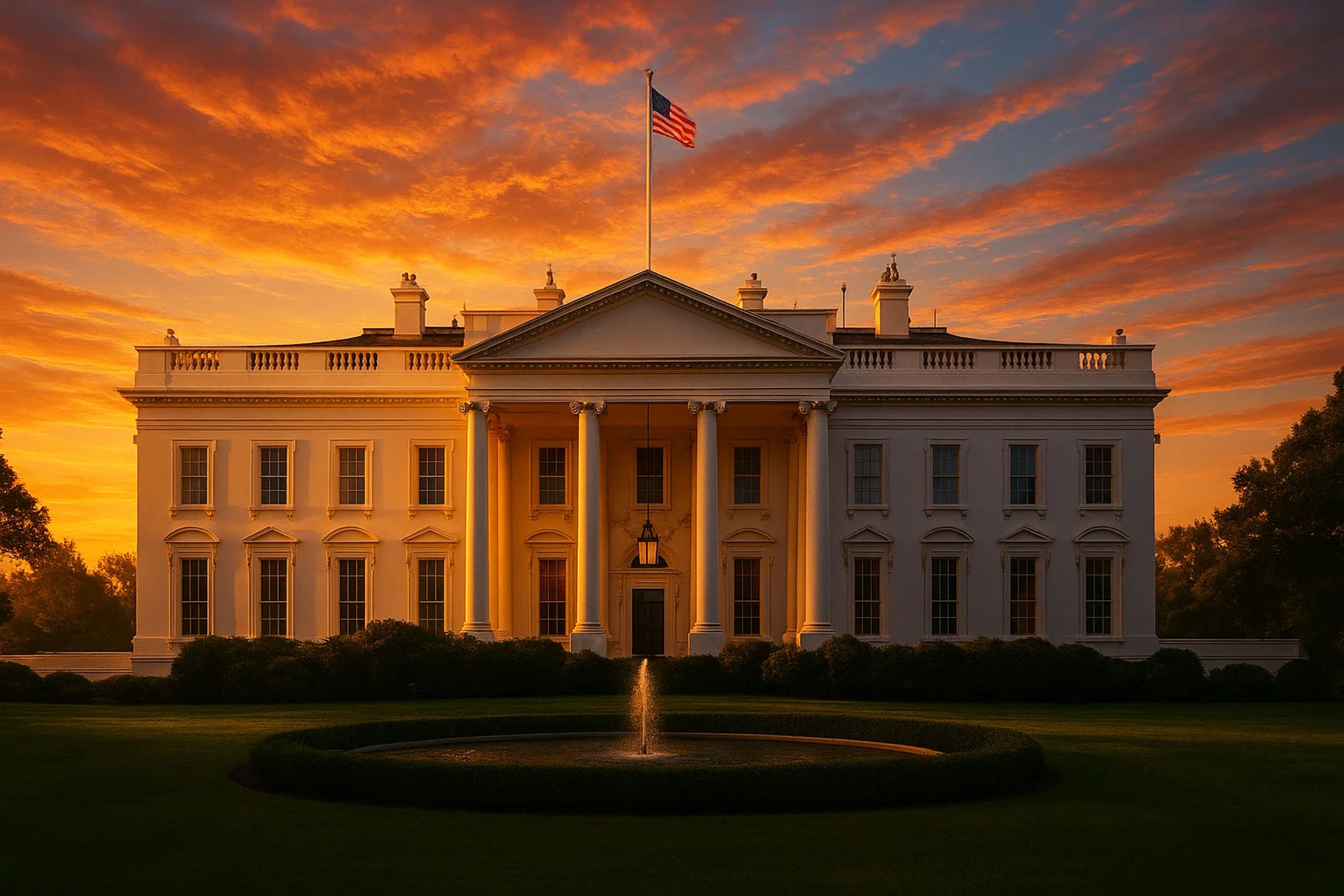 The White House at sunset with vibrant clouds