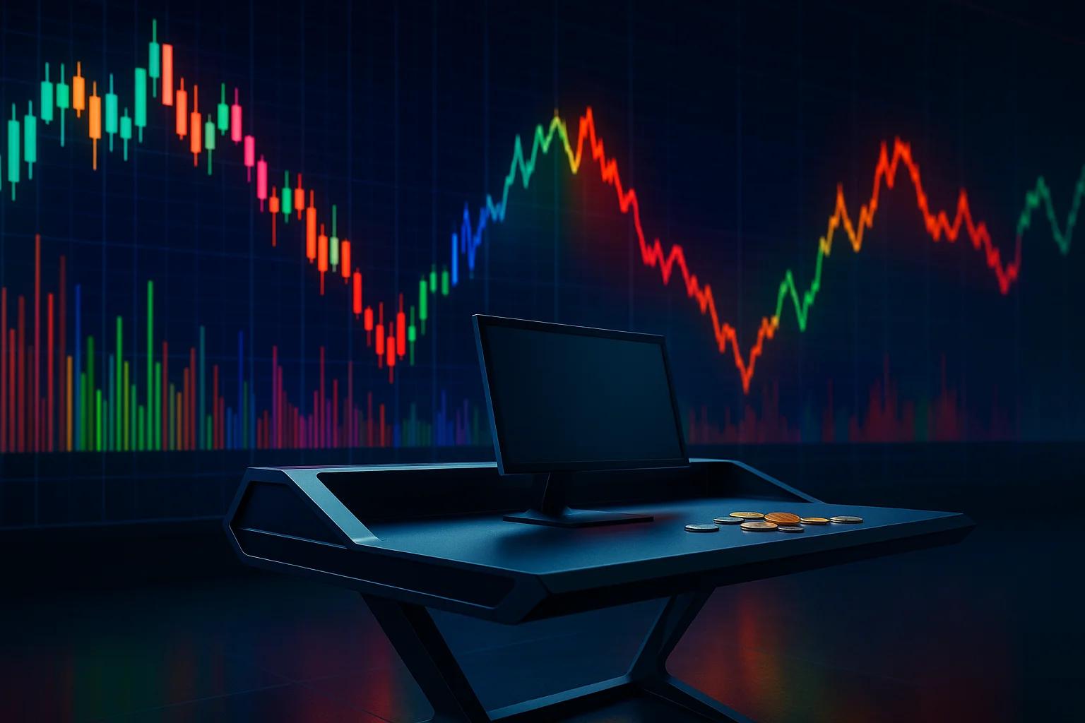 A computer on a sleek desk with colorful stock