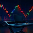 A computer on a sleek desk with colorful stock