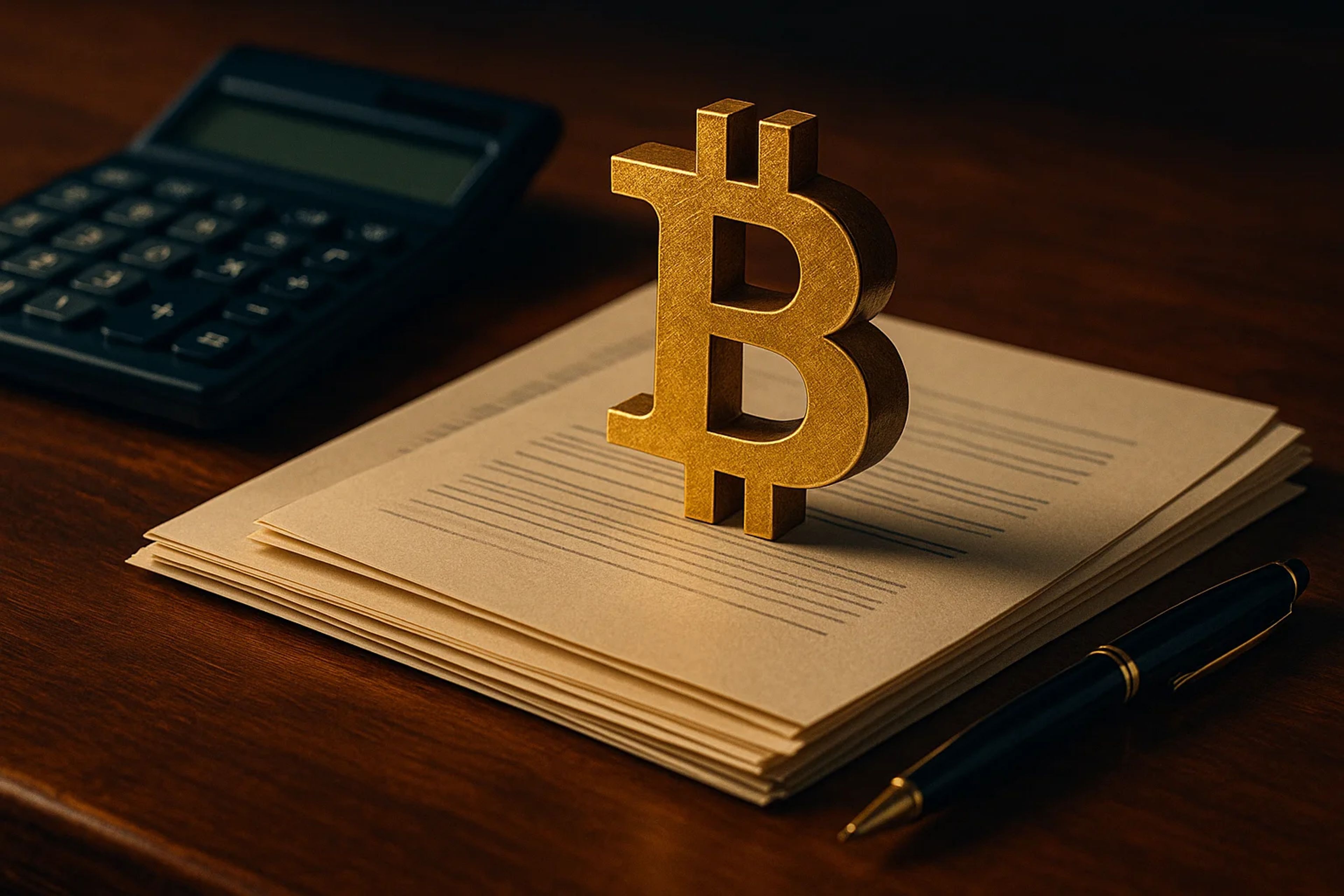 Golden Bitcoin symbol on stacked papers with a pen