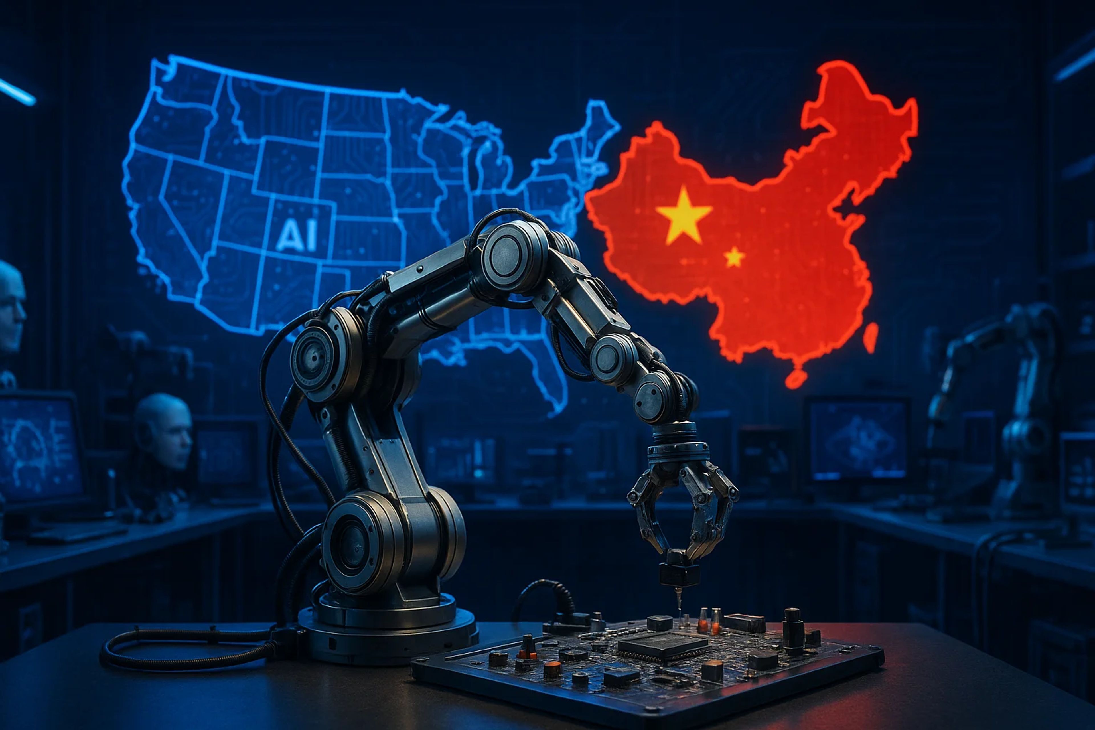 A robotic arm working on a circuit board, with