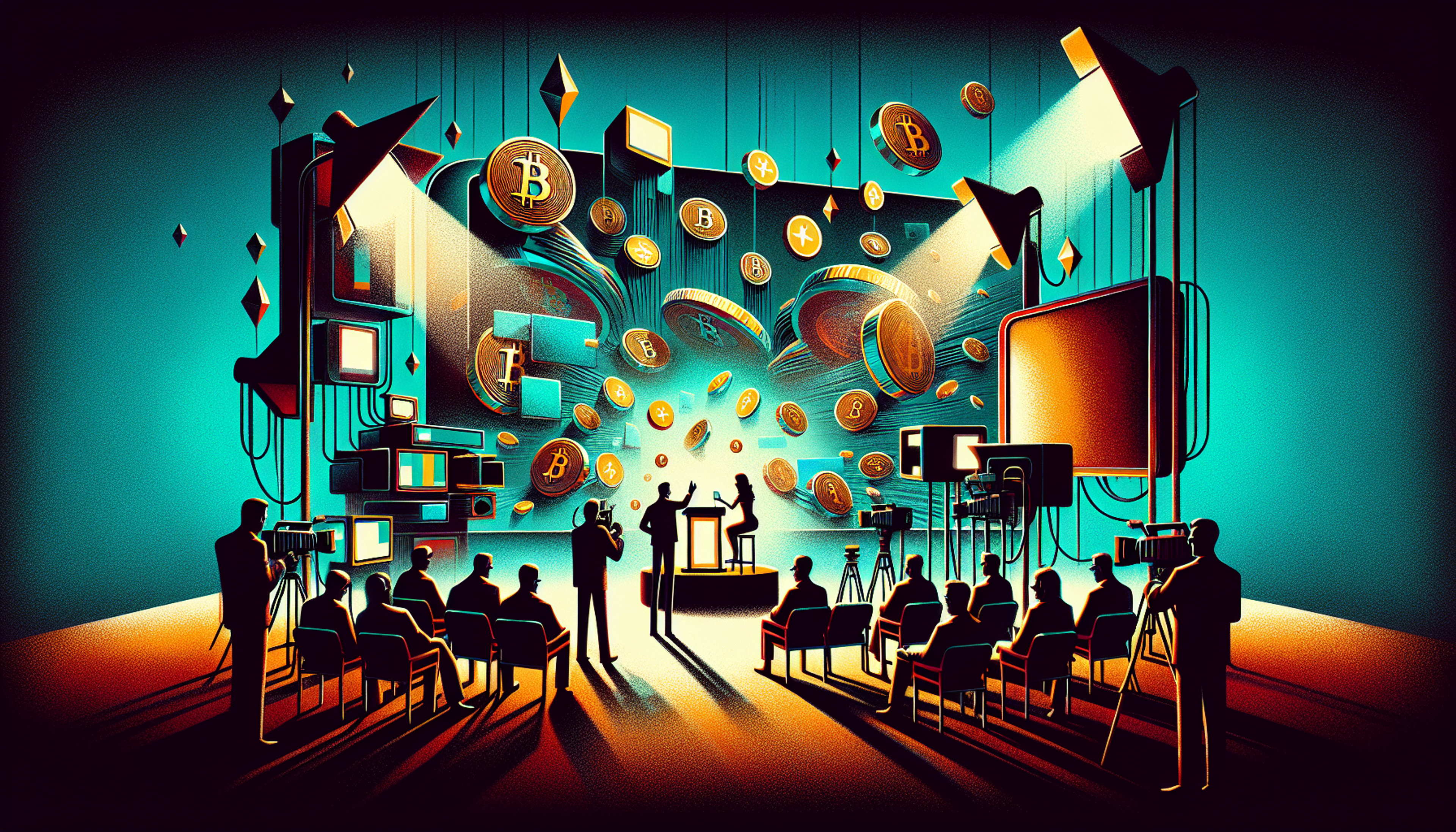 Silhouettes of people at a podium with Bitcoin