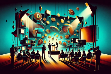 Silhouettes of people at a podium with Bitcoin