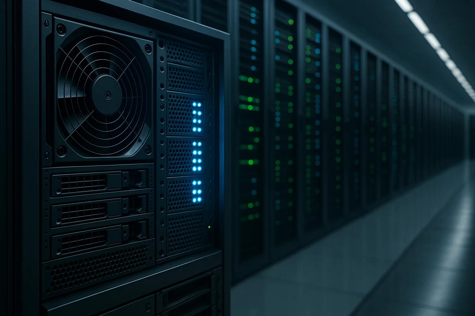 Row of server racks with illuminated indicators