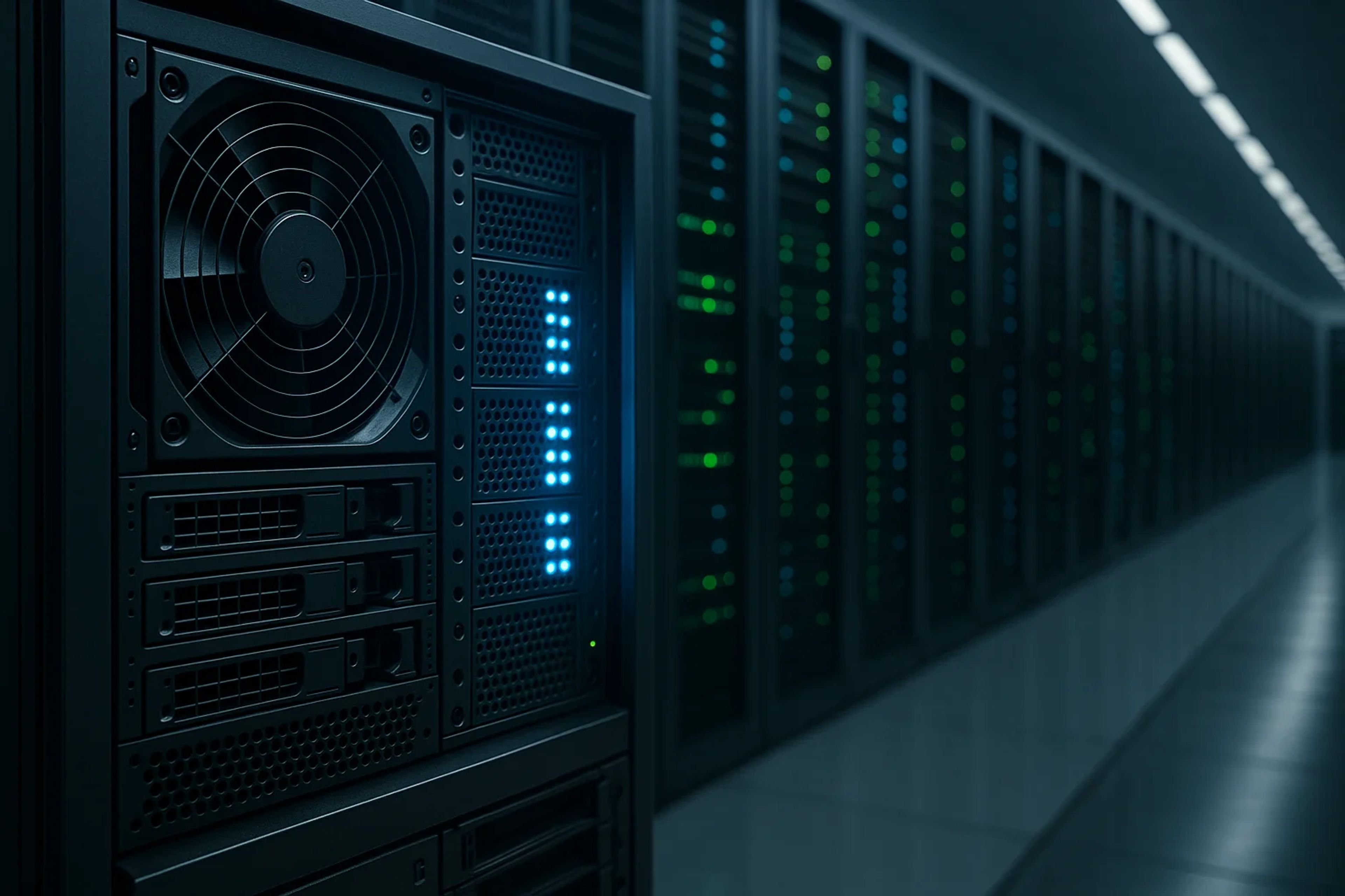 Row of server racks with illuminated indicators