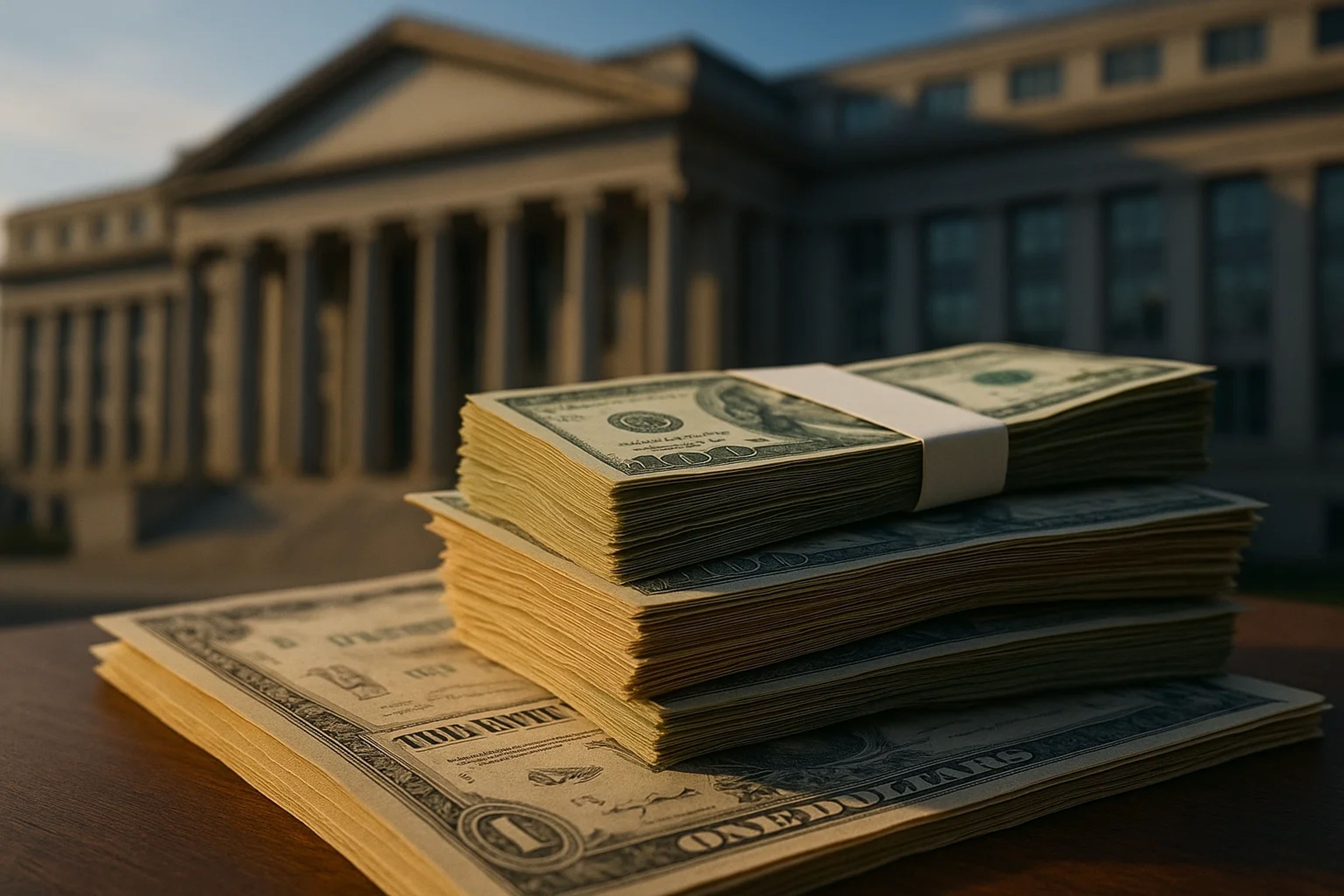 Stacks of cash on a wooden surface with a