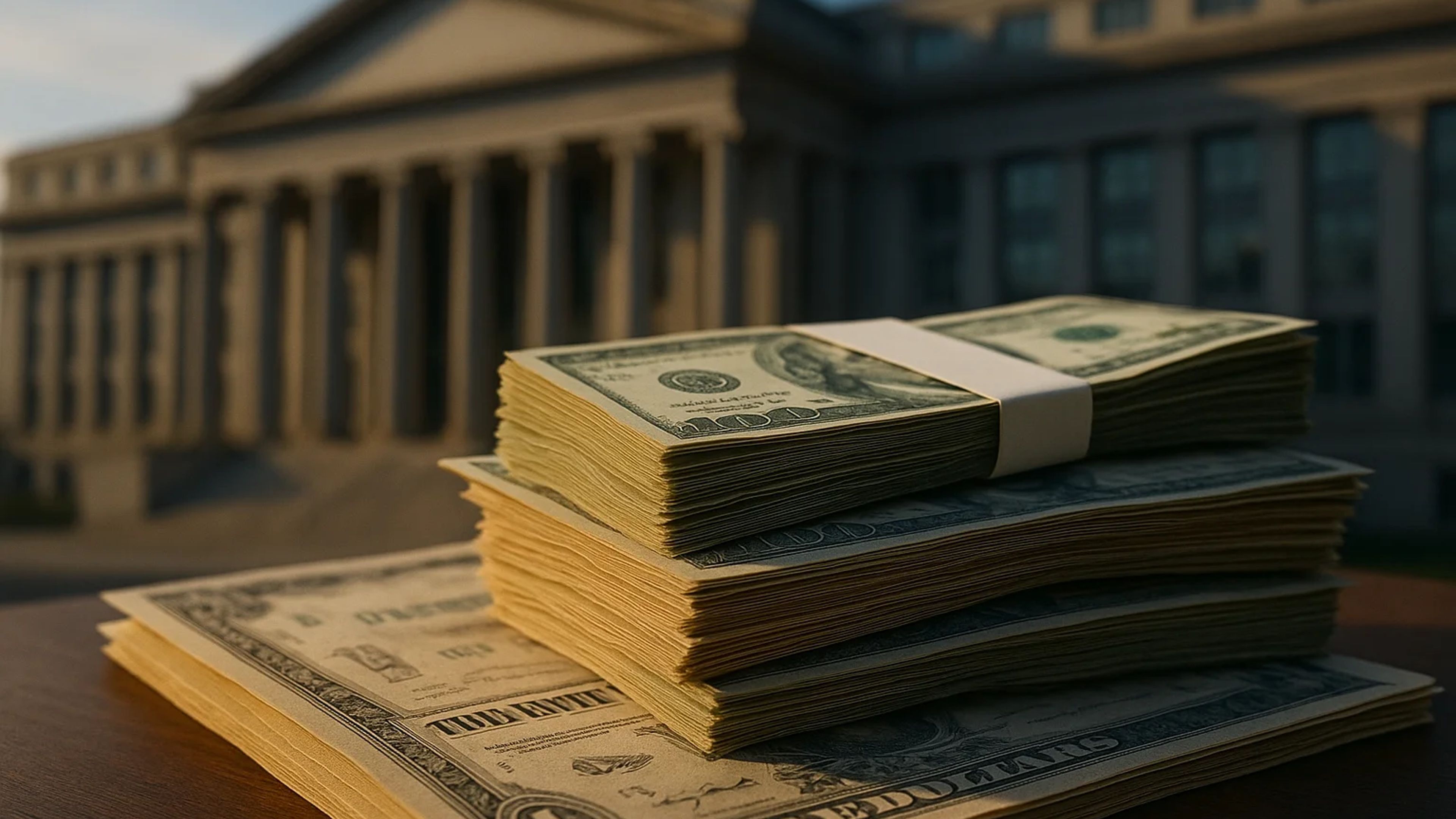 Stacks of cash on a wooden surface with a