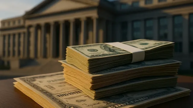 Stacks of cash on a wooden surface with a