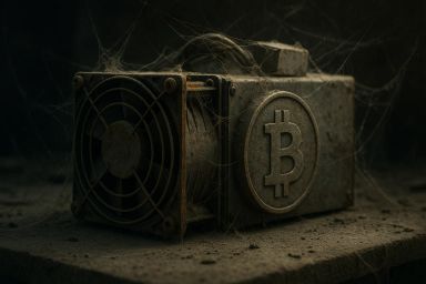 Dusty Bitcoin mining hardware covered in cobwebs