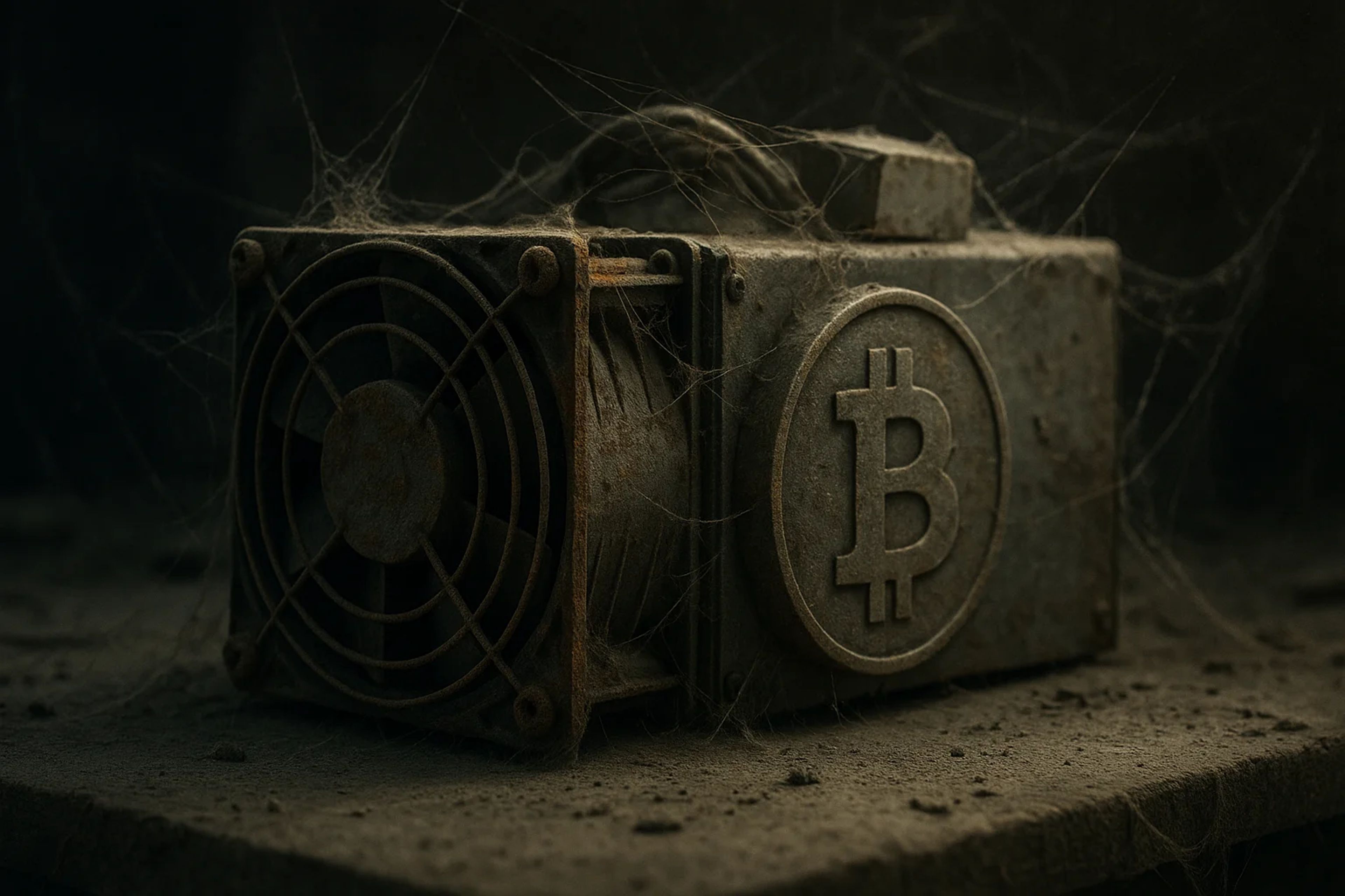 Dusty Bitcoin mining hardware covered in cobwebs