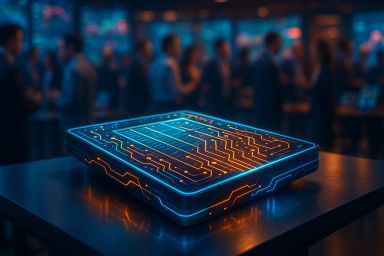 A glowing circuit board on a table with blurred