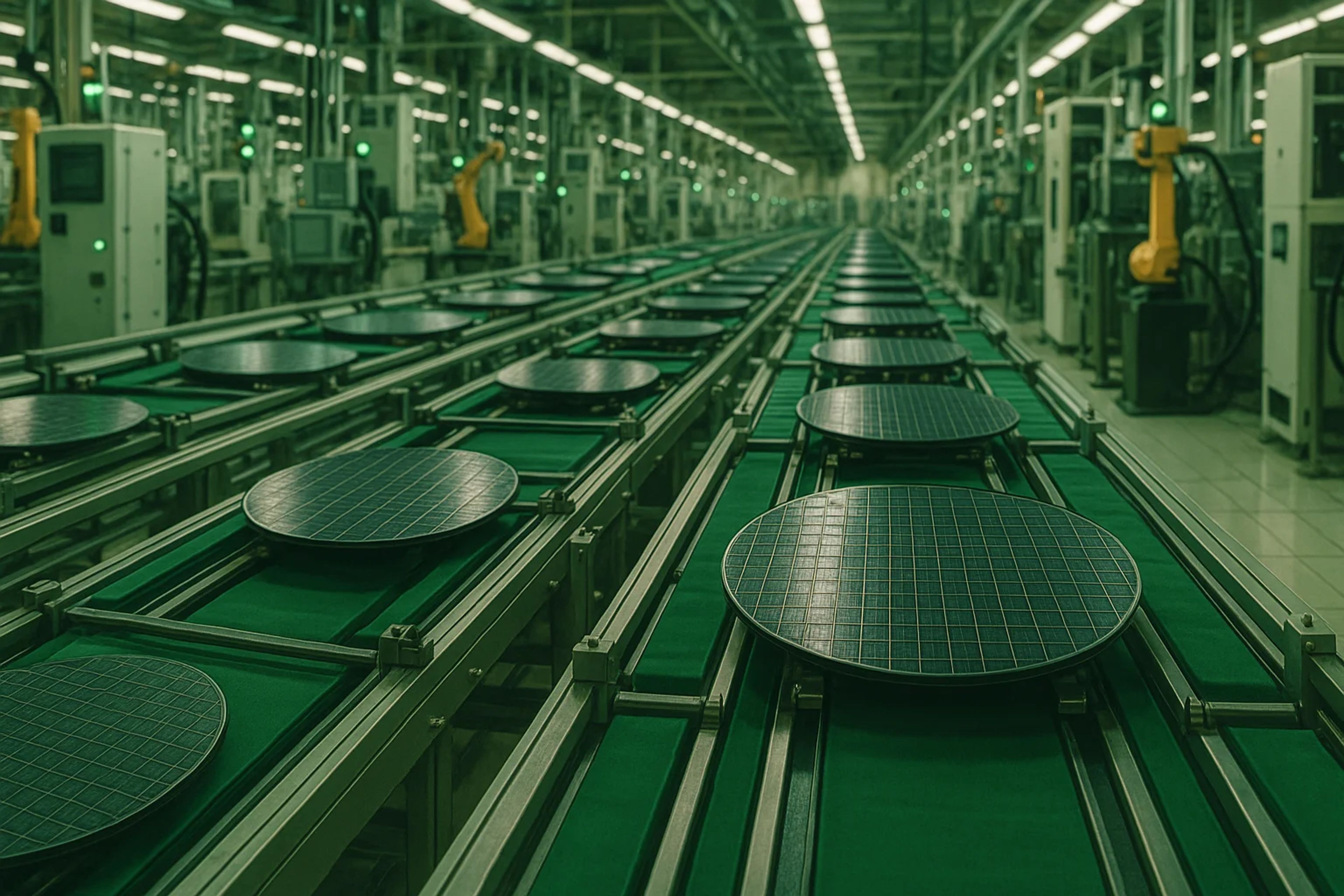 Rows of solar panels on conveyor belts in a