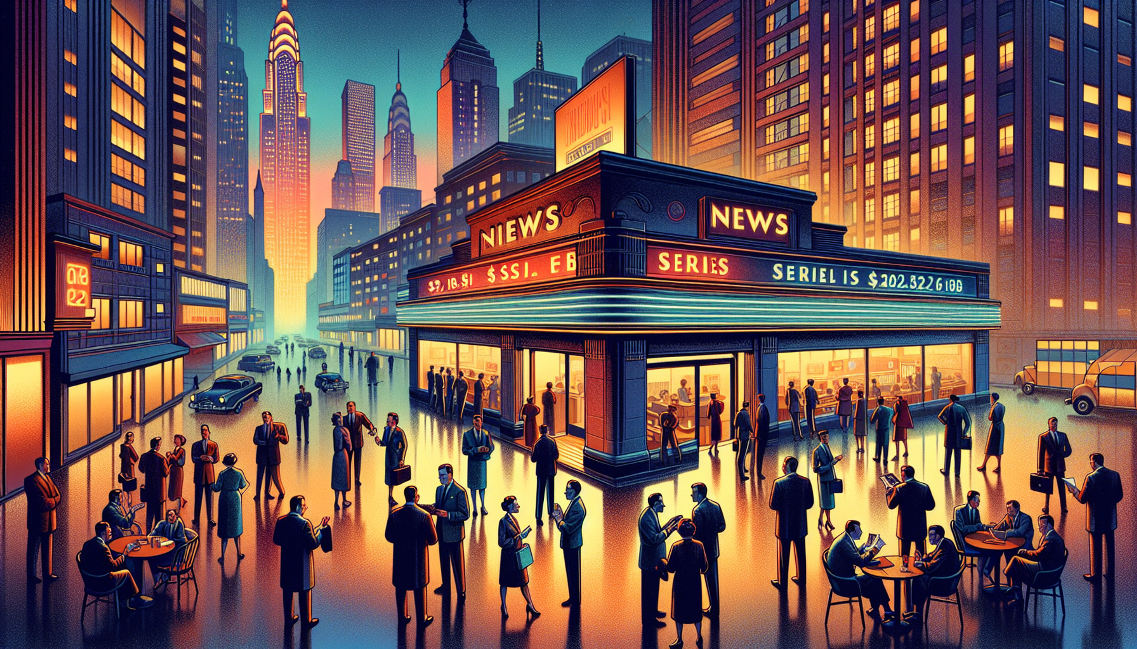 Crowd gathered outside a news building at dusk