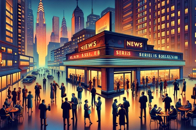 Crowd gathered outside a news building at dusk