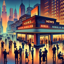 Crowd gathered outside a news building at dusk