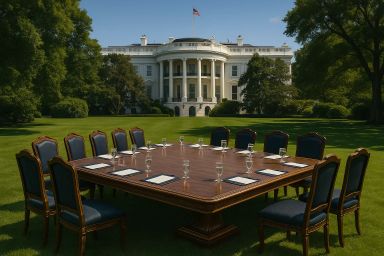 A large wooden table with chairs set on a lawn in