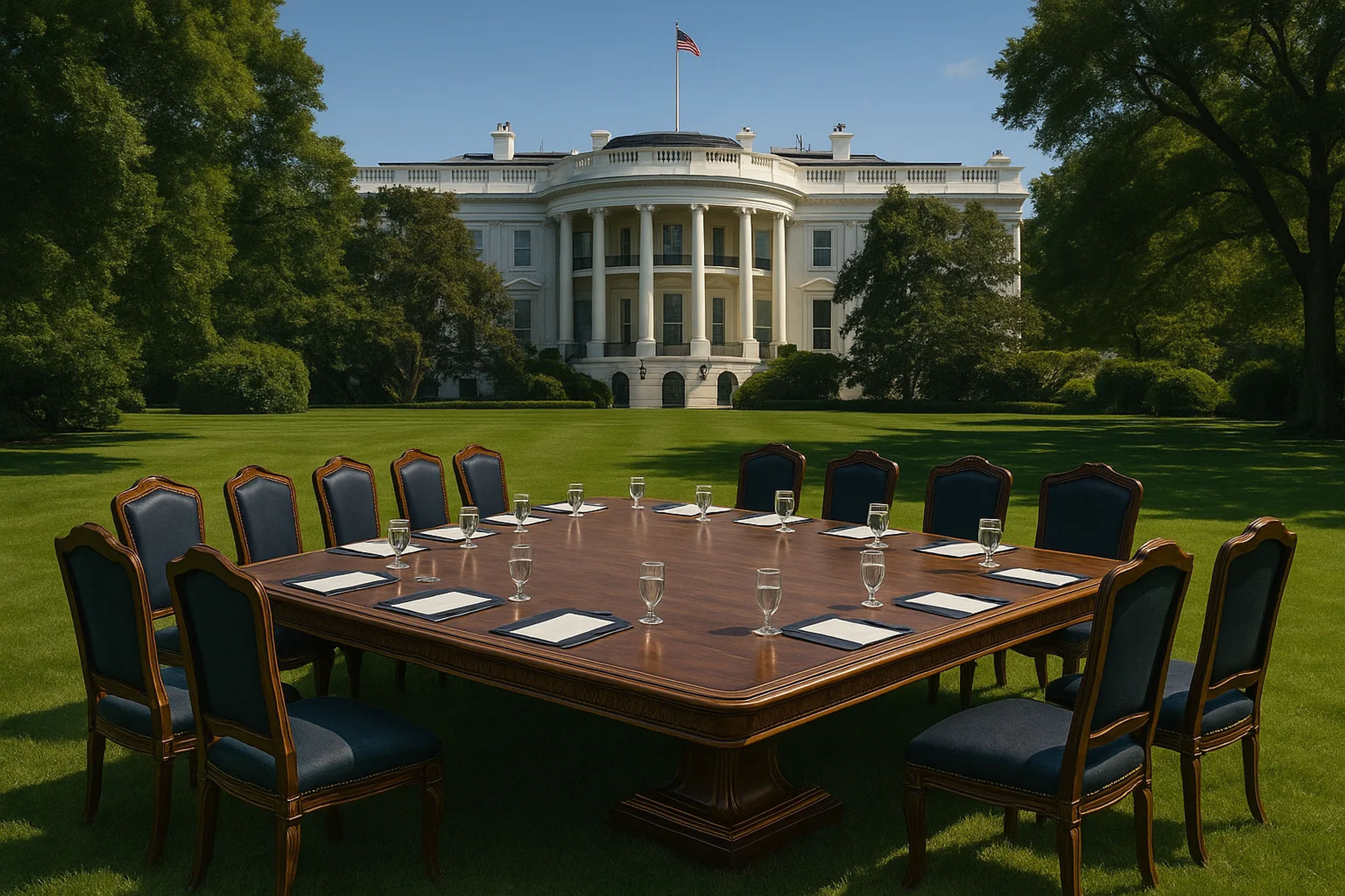 A large wooden table with chairs set on a lawn in