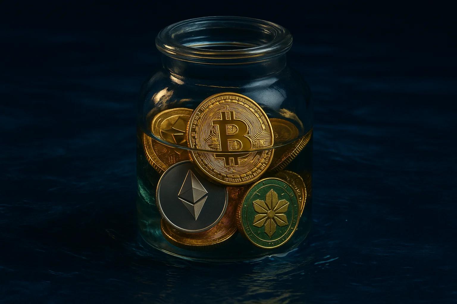 Glass jar filled with various cryptocurrency coins