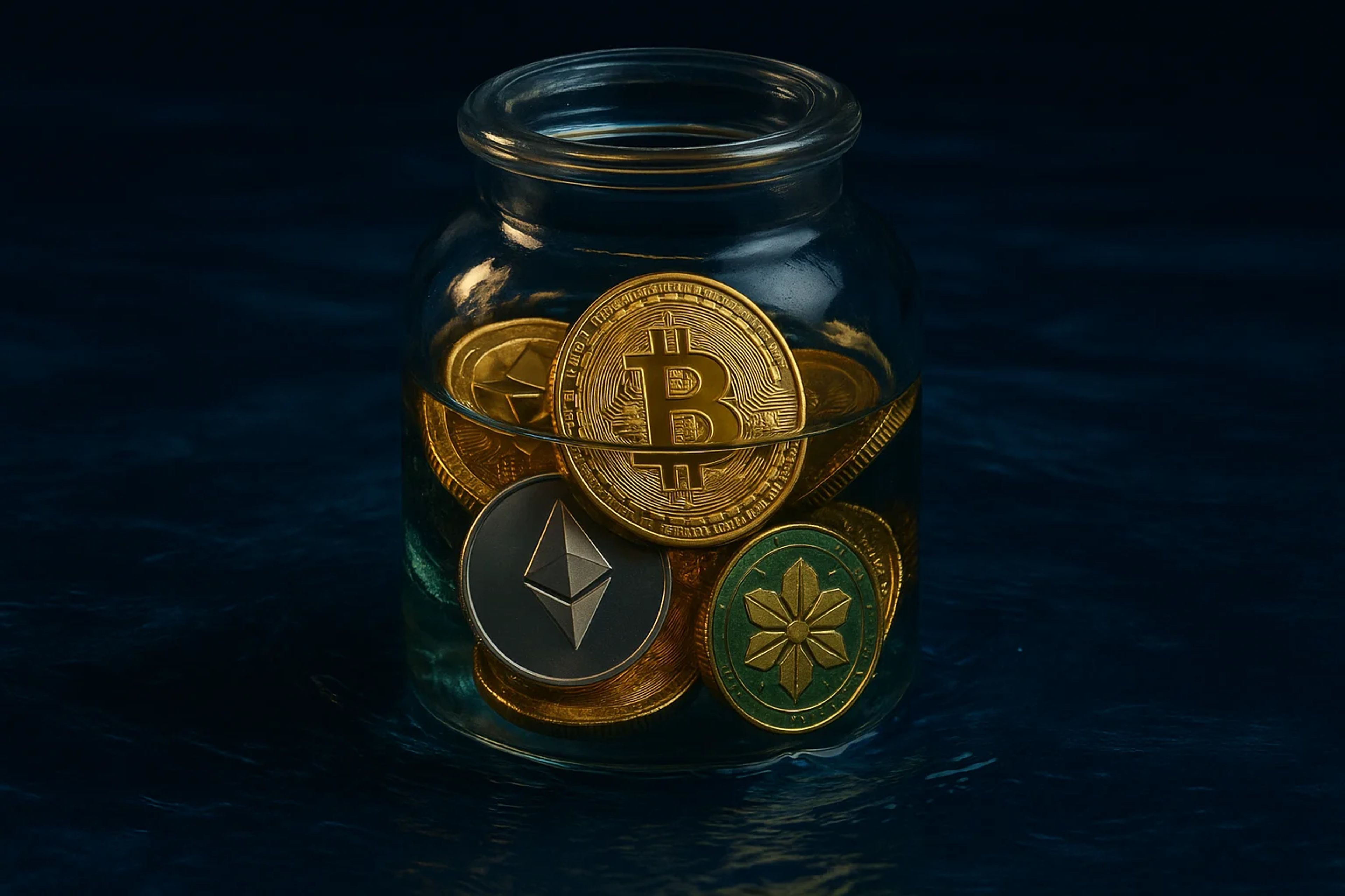 Glass jar filled with various cryptocurrency coins