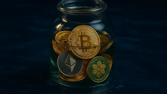 Glass jar filled with various cryptocurrency coins